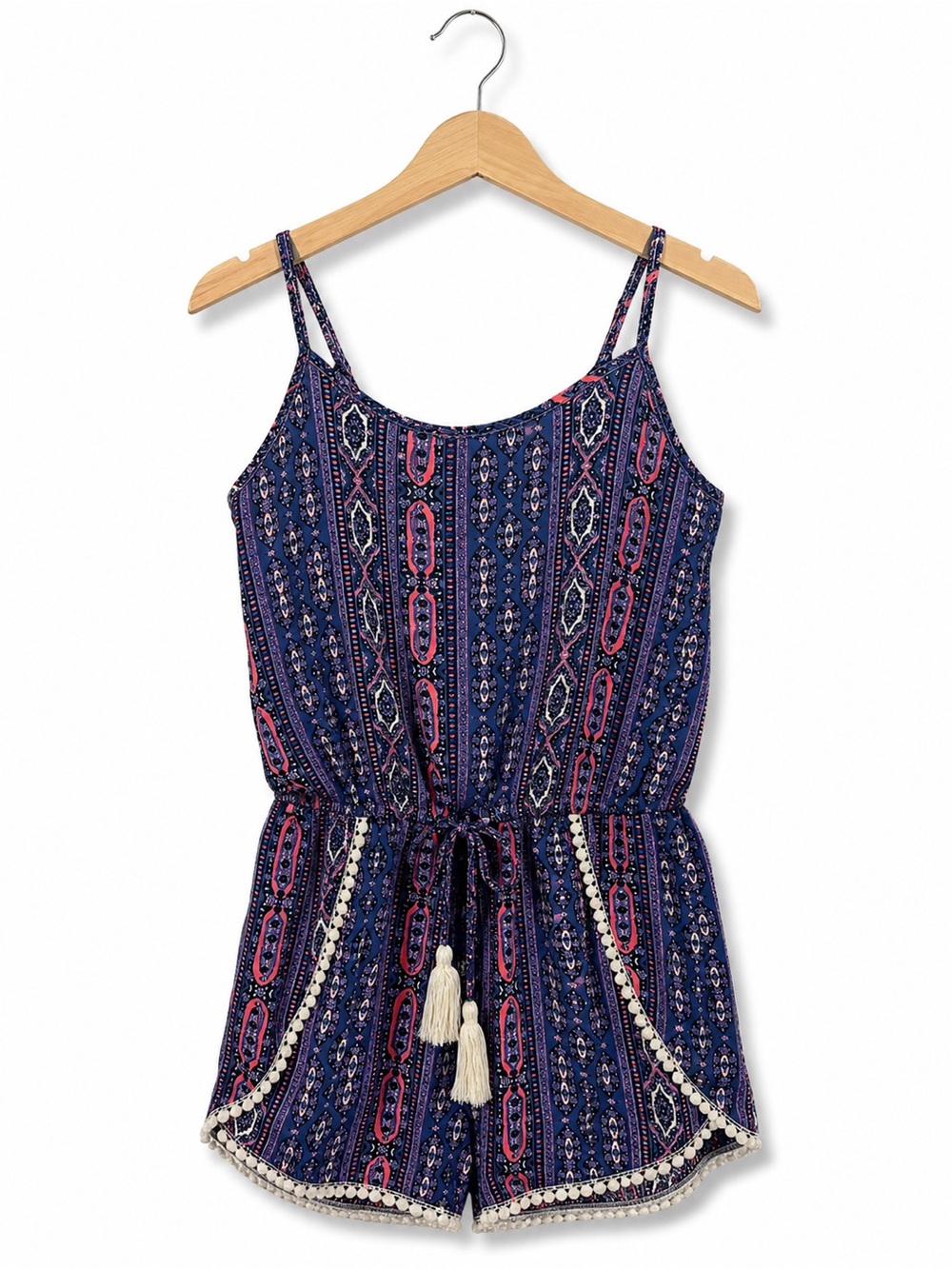 Japna Kids Girls Size 10 Blue Pink Paisley Boho Romper Tassel Pom Pom